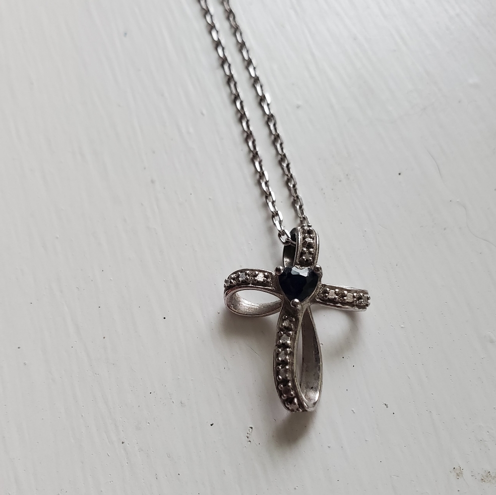 Silver Cross Necklace with heart shaped Sapphire jewel